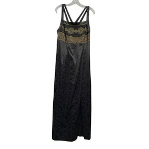 Vintage CDC Women's Black Maxi Dress Floral Satin Sleeveless Evening Elegant 14